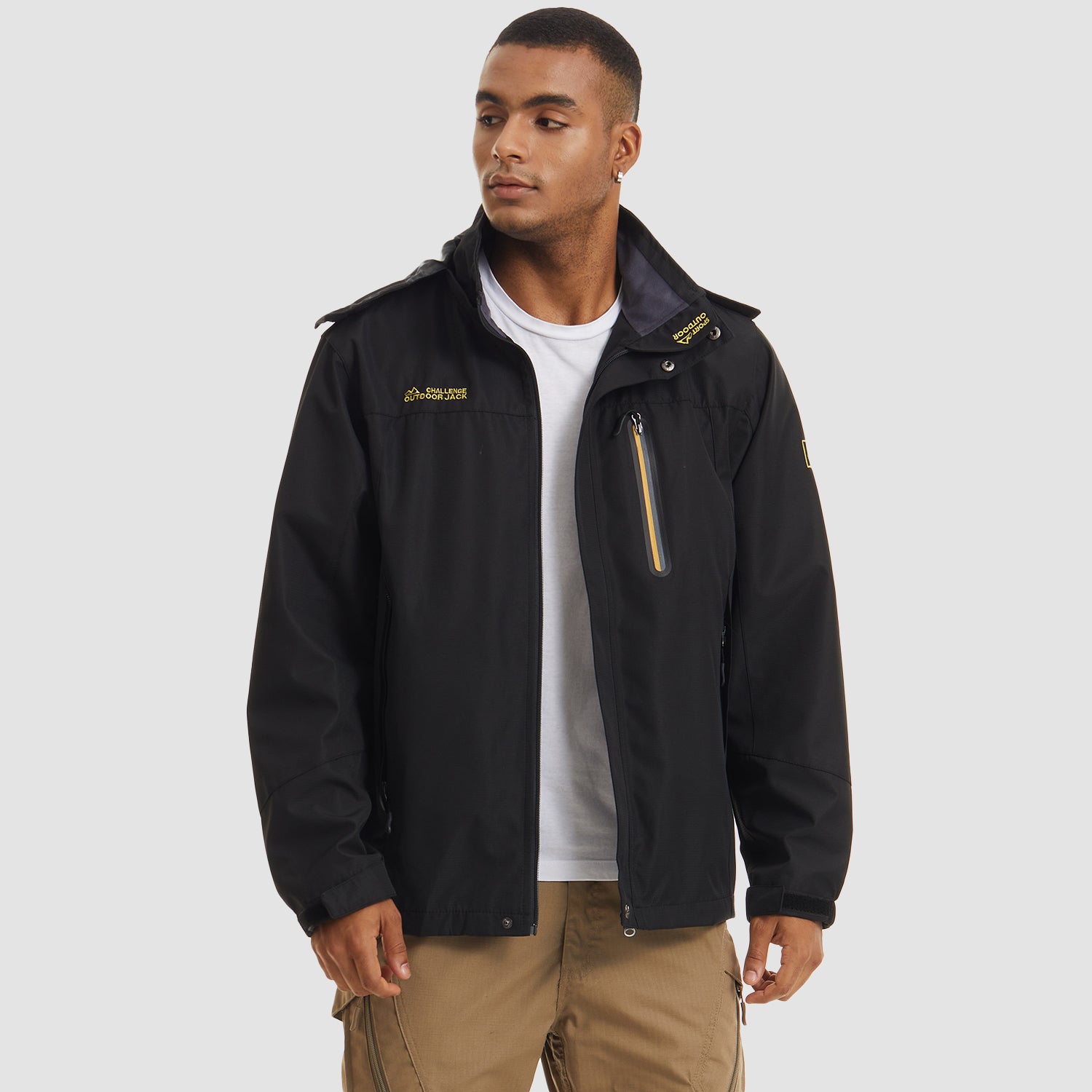Men's Hooded Windproof Water Resistant Rain Jacket Windbreaker 5 Pockets for Hiking Fishing