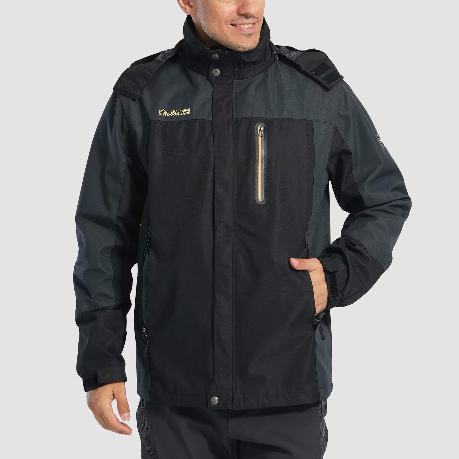 Men's Hooded Windproof Water Resistant Rain Jacket Windbreaker 5 Pockets for Hiking Fishing
