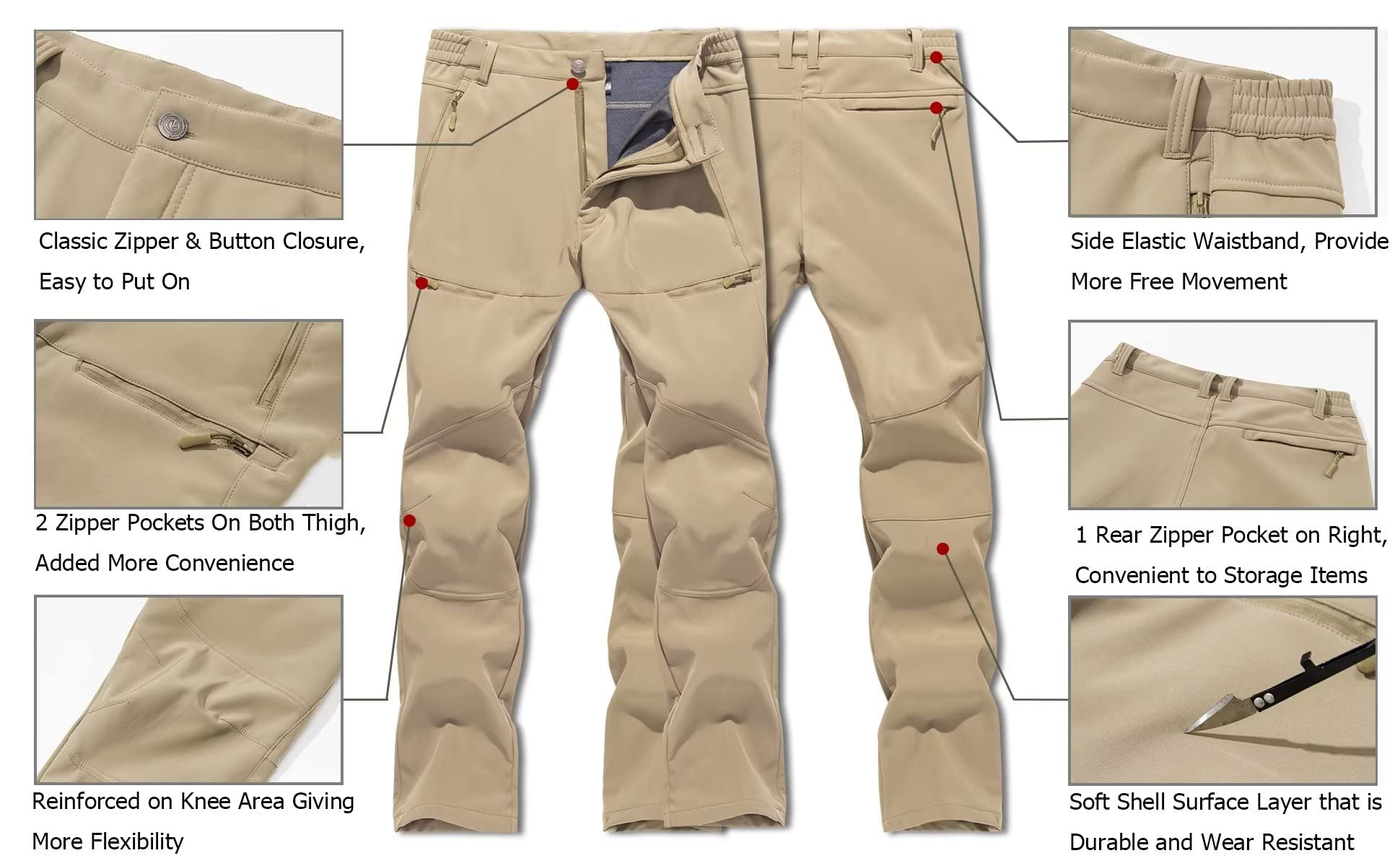 Men's Winter Snow Softshell Pants with 5 Zipper Pockets Water Resistant Fleece Lined Hiking Pants - MAGCOMSEN