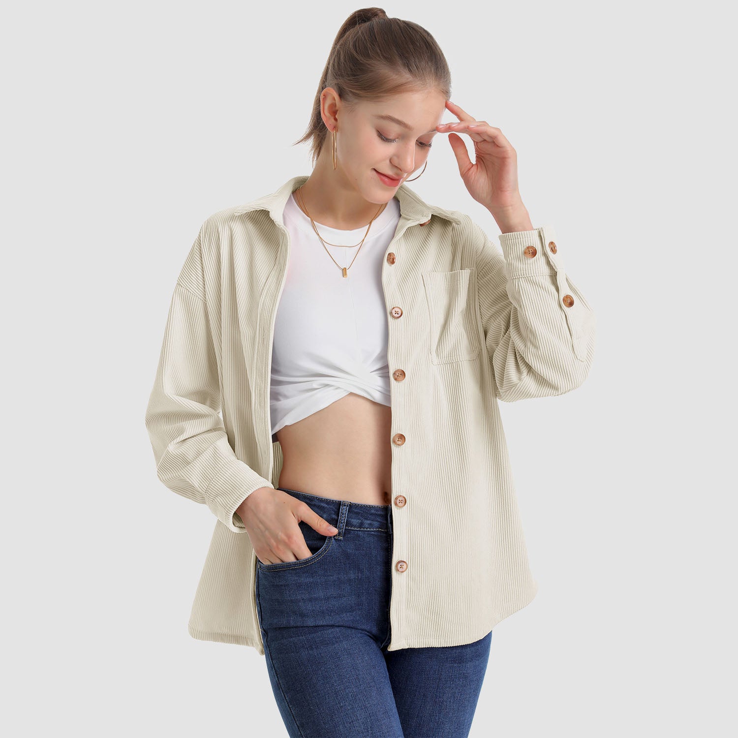 Women's Long Sleeve Corduroy Shirt with Pocket