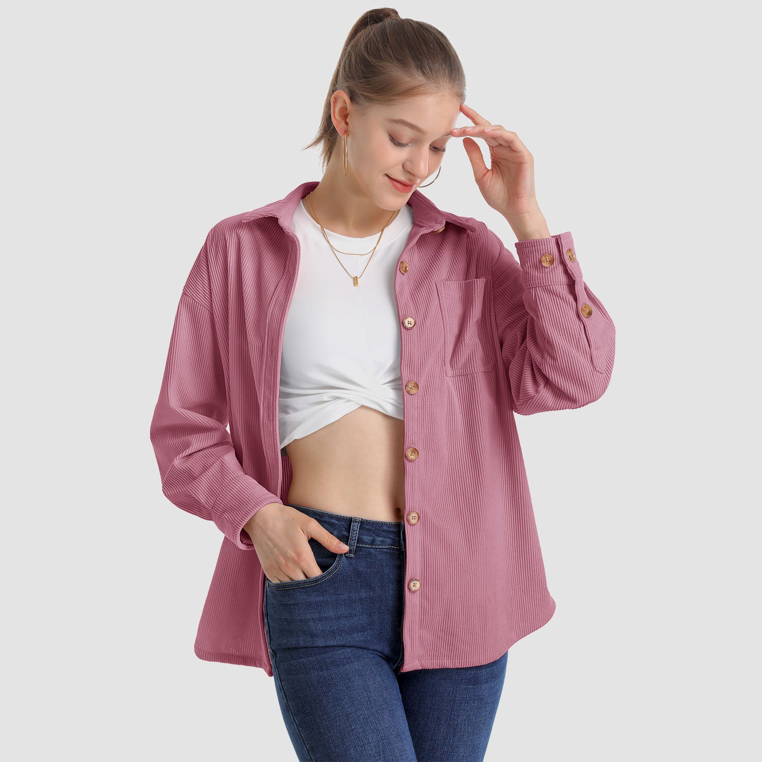 Women's Long Sleeve Corduroy Shirt with Pocket
