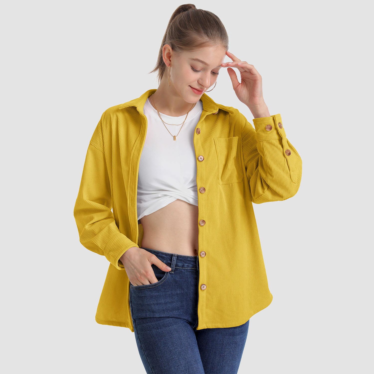 Women's Long Sleeve Corduroy Shirt with Pocket