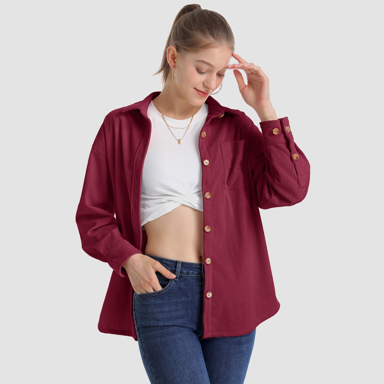 Women's Long Sleeve Corduroy Shirt with Pocket