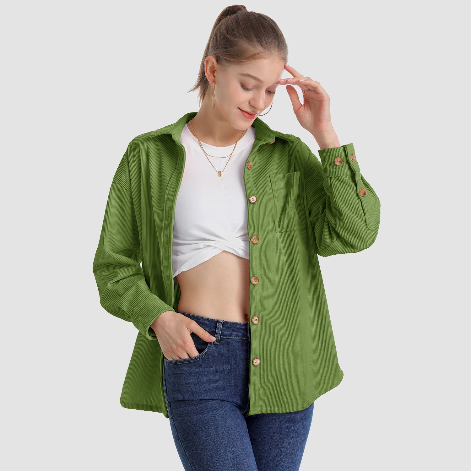 Women's Long Sleeve Corduroy Shirt with Pocket