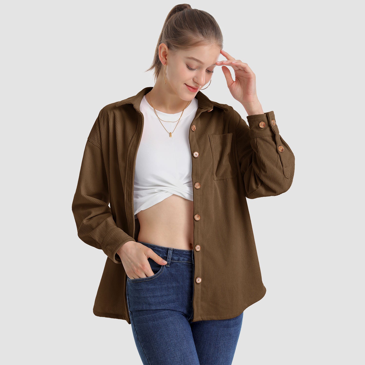 Women's Long Sleeve Corduroy Shirt with Pocket