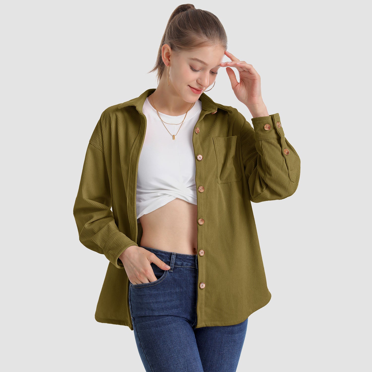 Women's Long Sleeve Corduroy Shirt with Pocket