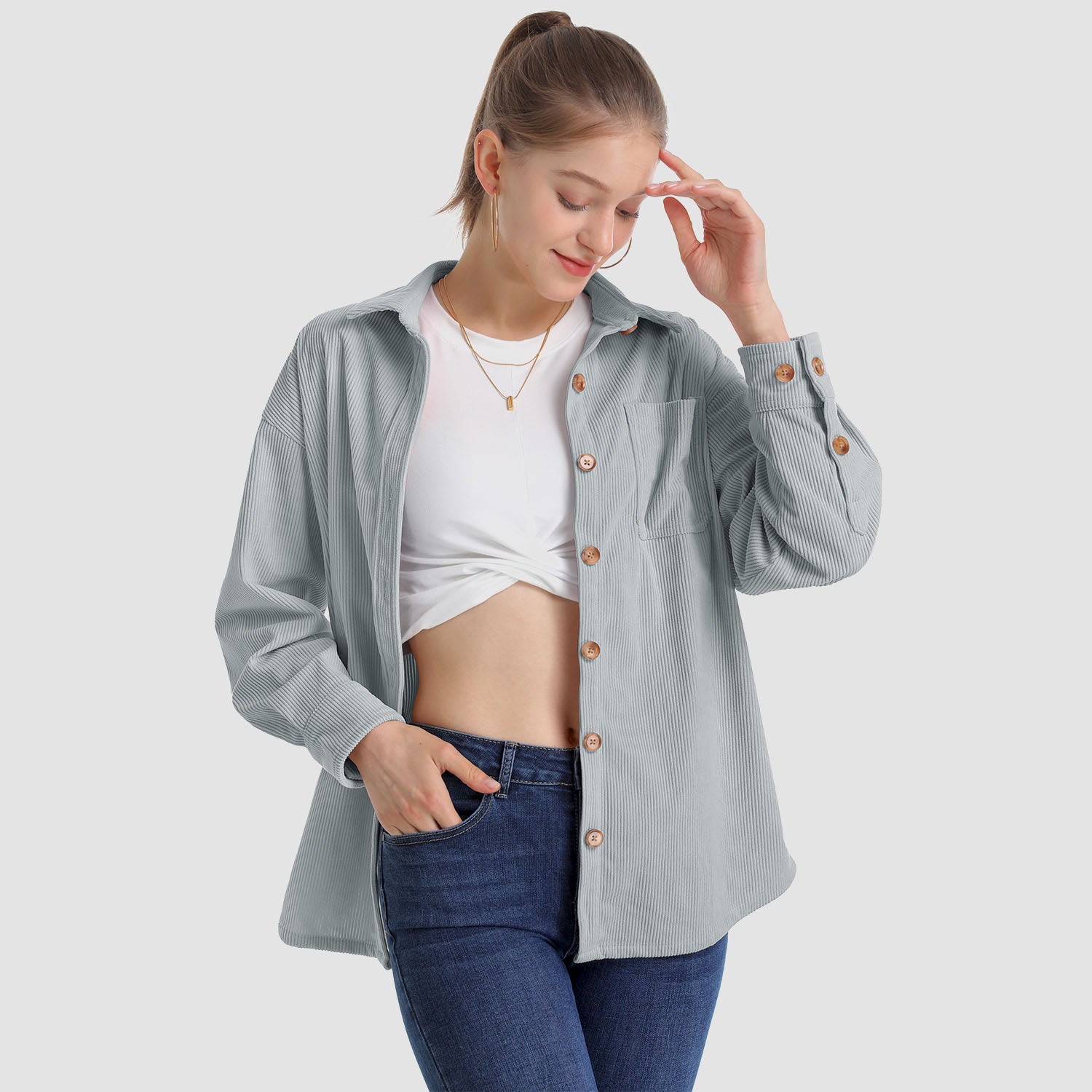 Women's Long Sleeve Corduroy Shirt with Pocket