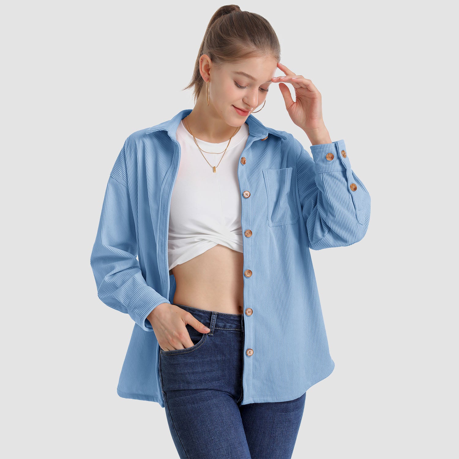 Women's Long Sleeve Corduroy Shirt with Pocket