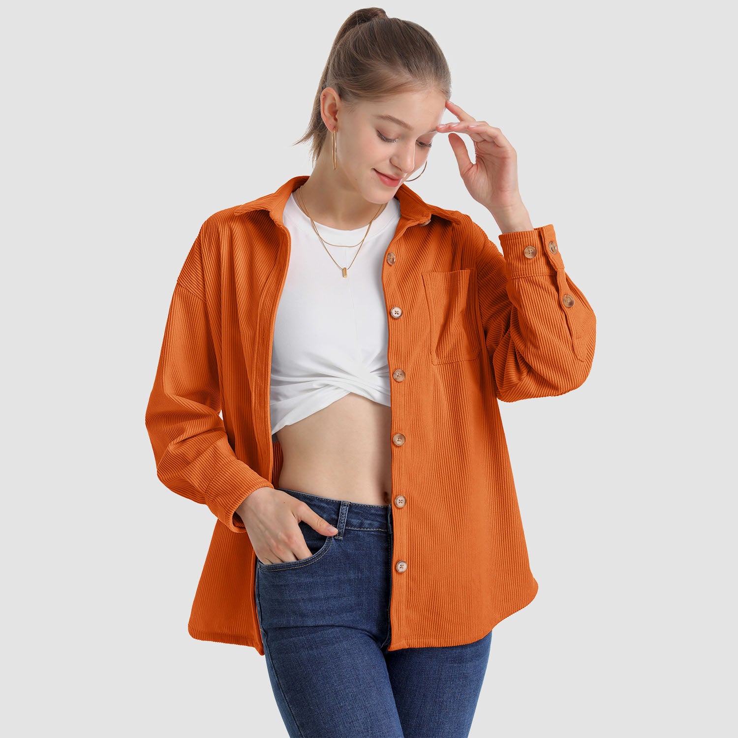 Women's Long Sleeve Corduroy Shirt with Pocket