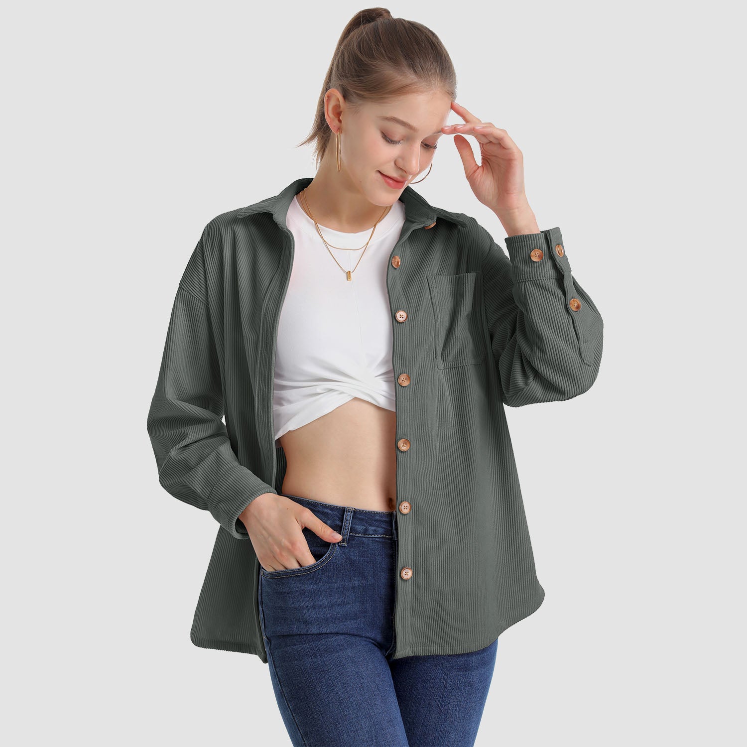 Women's Long Sleeve Corduroy Shirt with Pocket