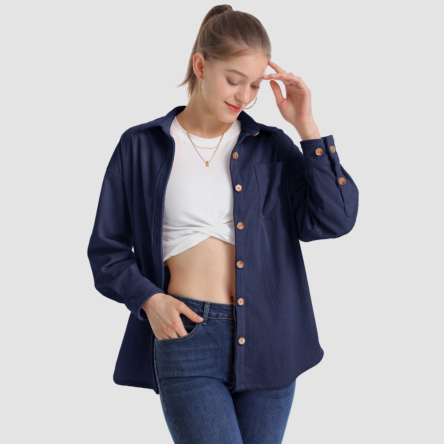 Women's Long Sleeve Corduroy Shirt with Pocket