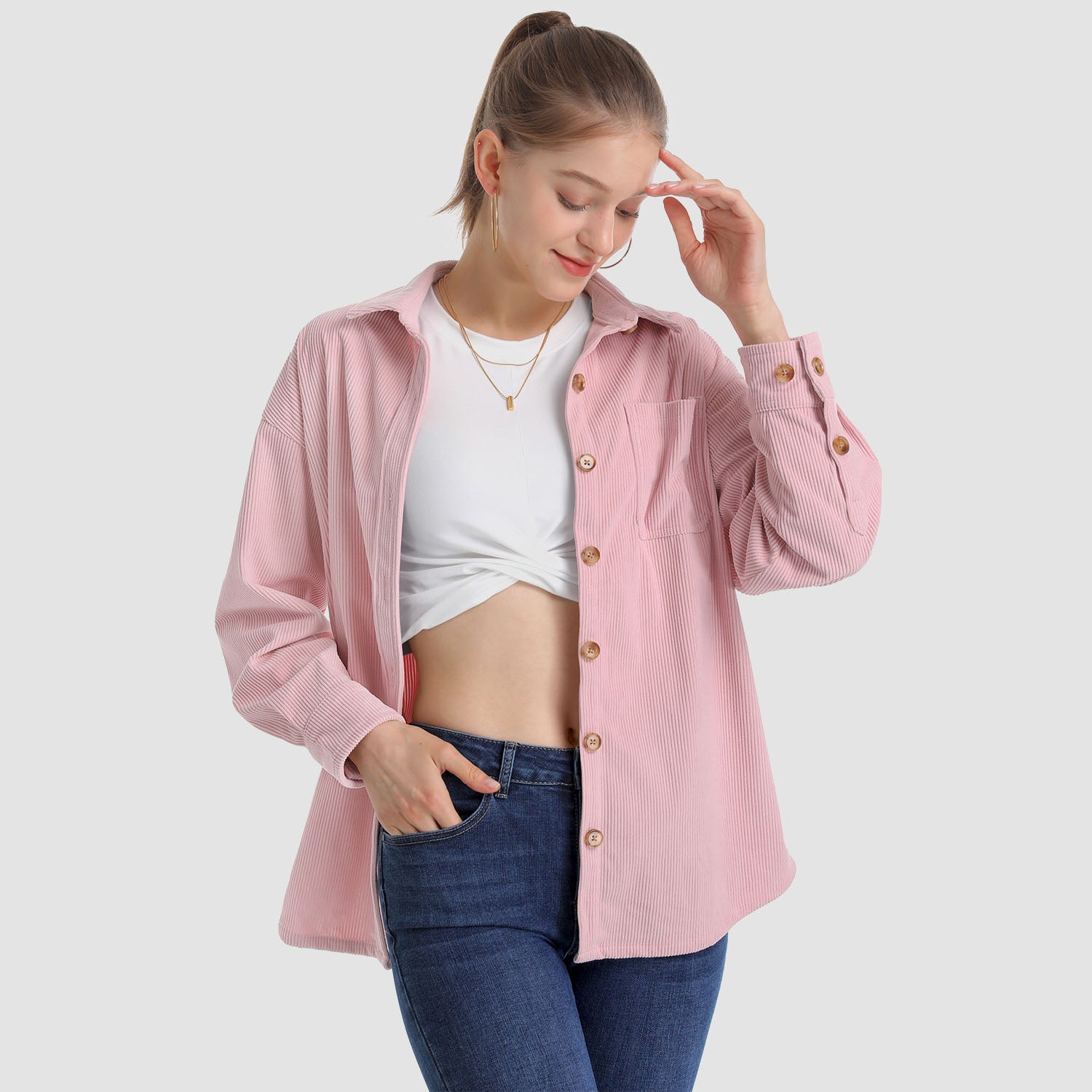 Women's Long Sleeve Corduroy Shirt with Pocket