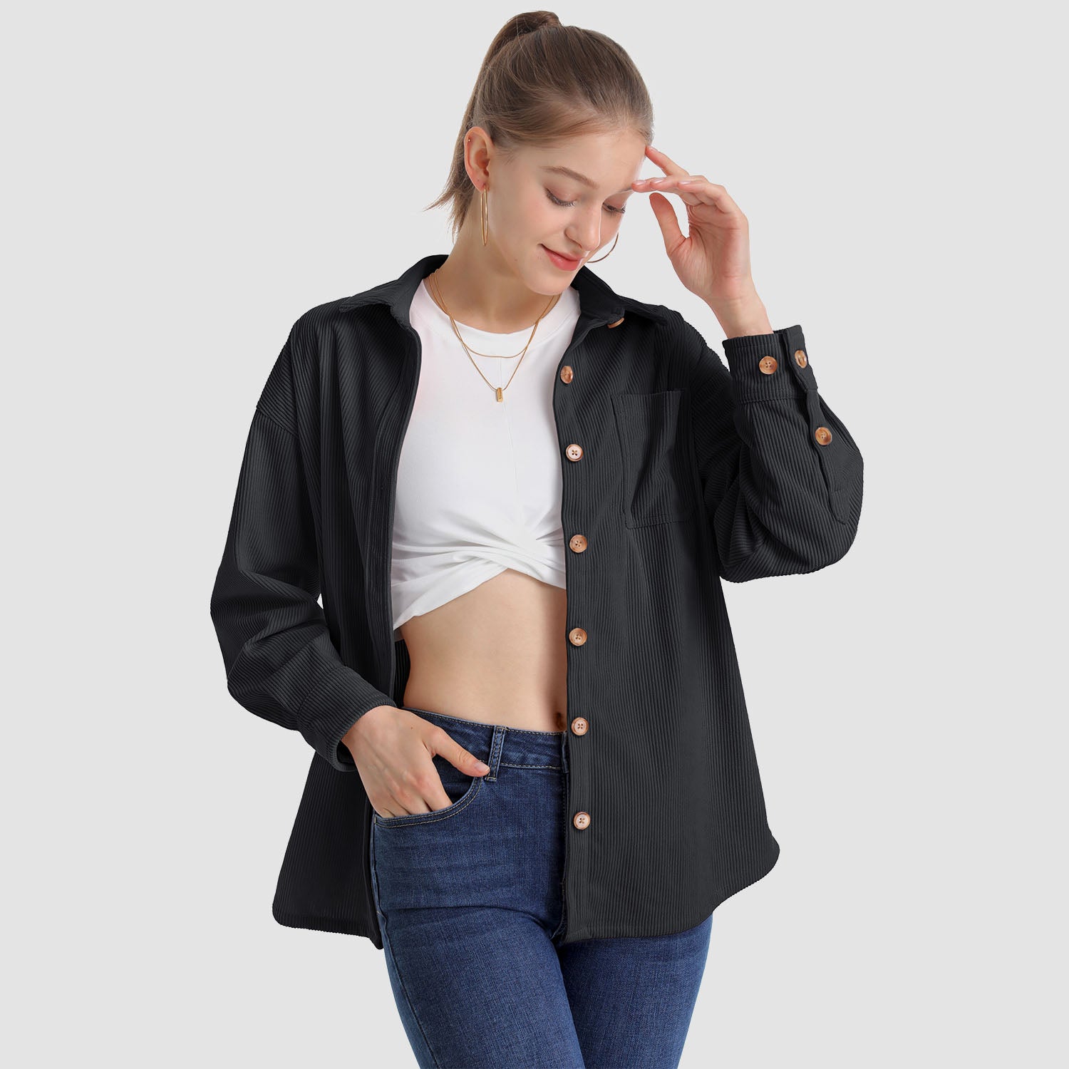 Women's Long Sleeve Corduroy Shirt with Pocket