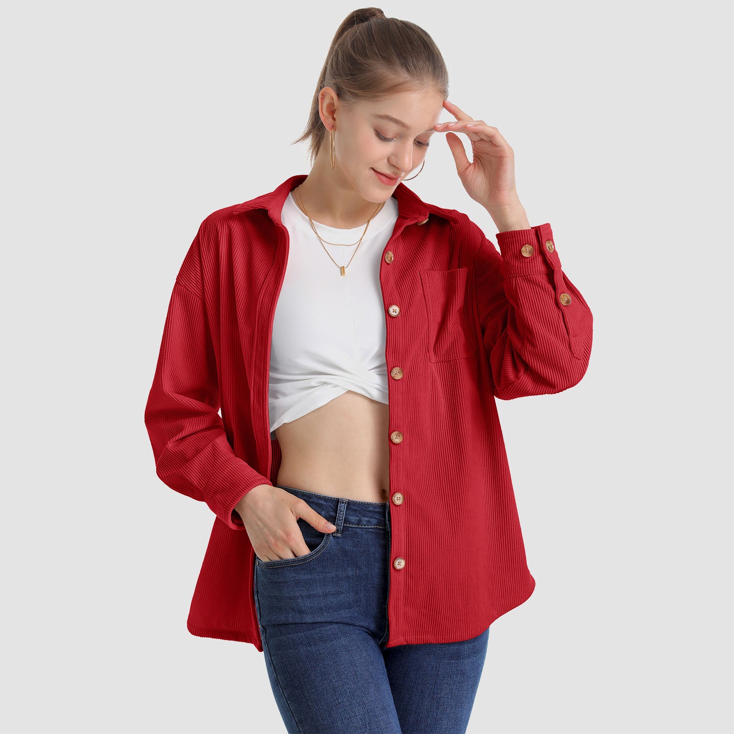 Women's Long Sleeve Corduroy Shirt with Pocket