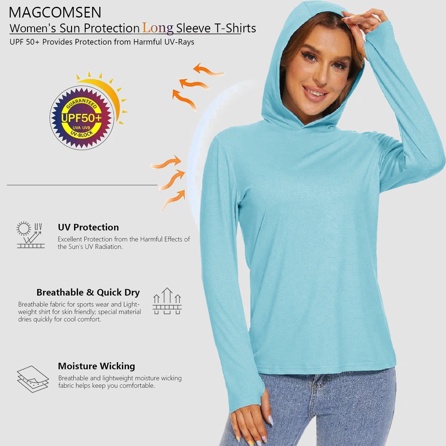 Women's Hoodie Shirts UPF 50+ Sun Protection Long Sleeve UV Shirt Fishing Hiking Athletic Shirts with Thumb Hole
