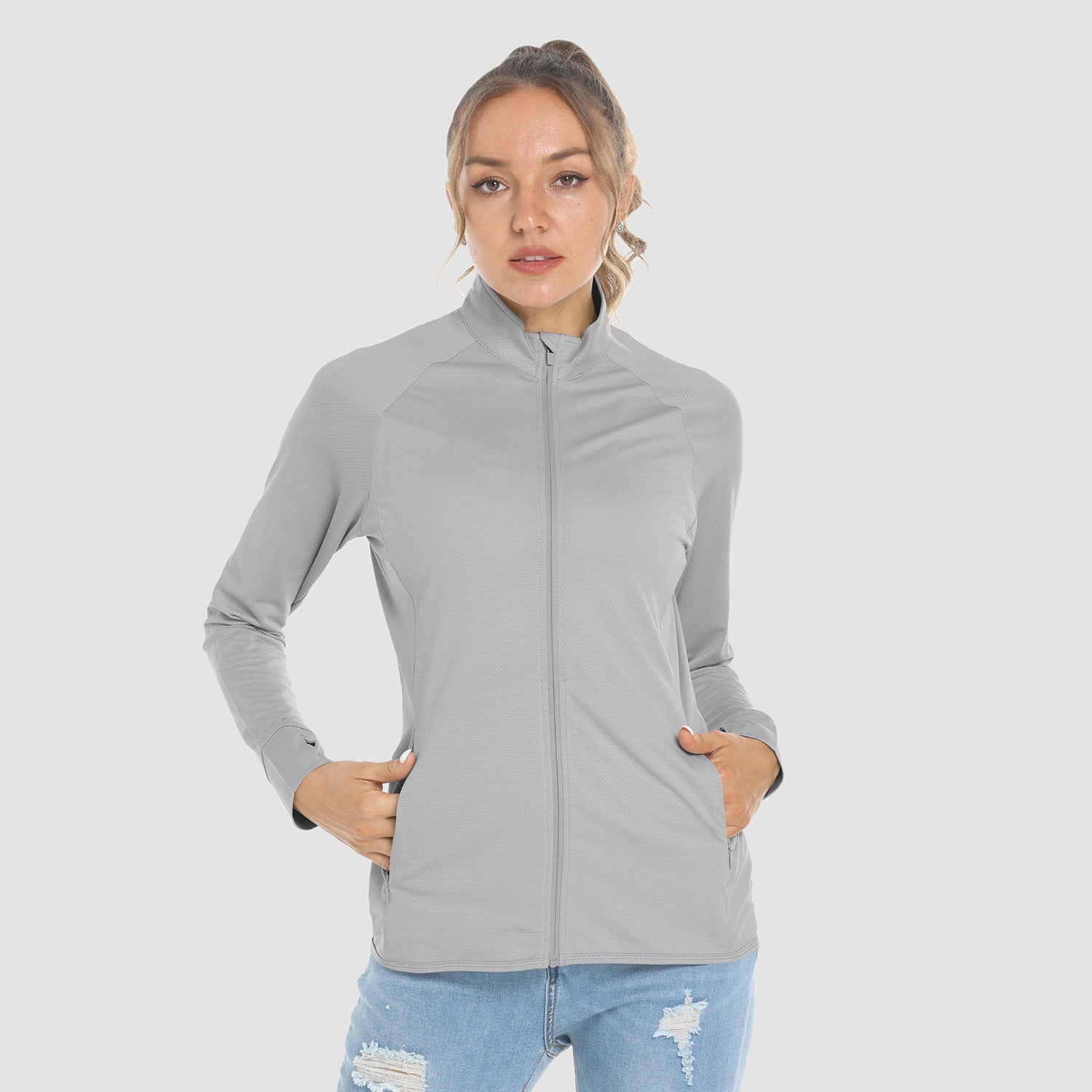 Light Grey Women's UPF 50+ Sun Protection Tennis Jacket Long Sleeve - MAGCOMSEN #Color_Light Grey